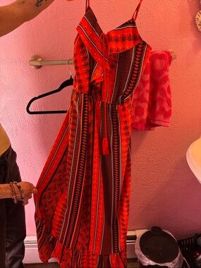 Red Patterned Sleeveless Maxi Dress with Tie Waist